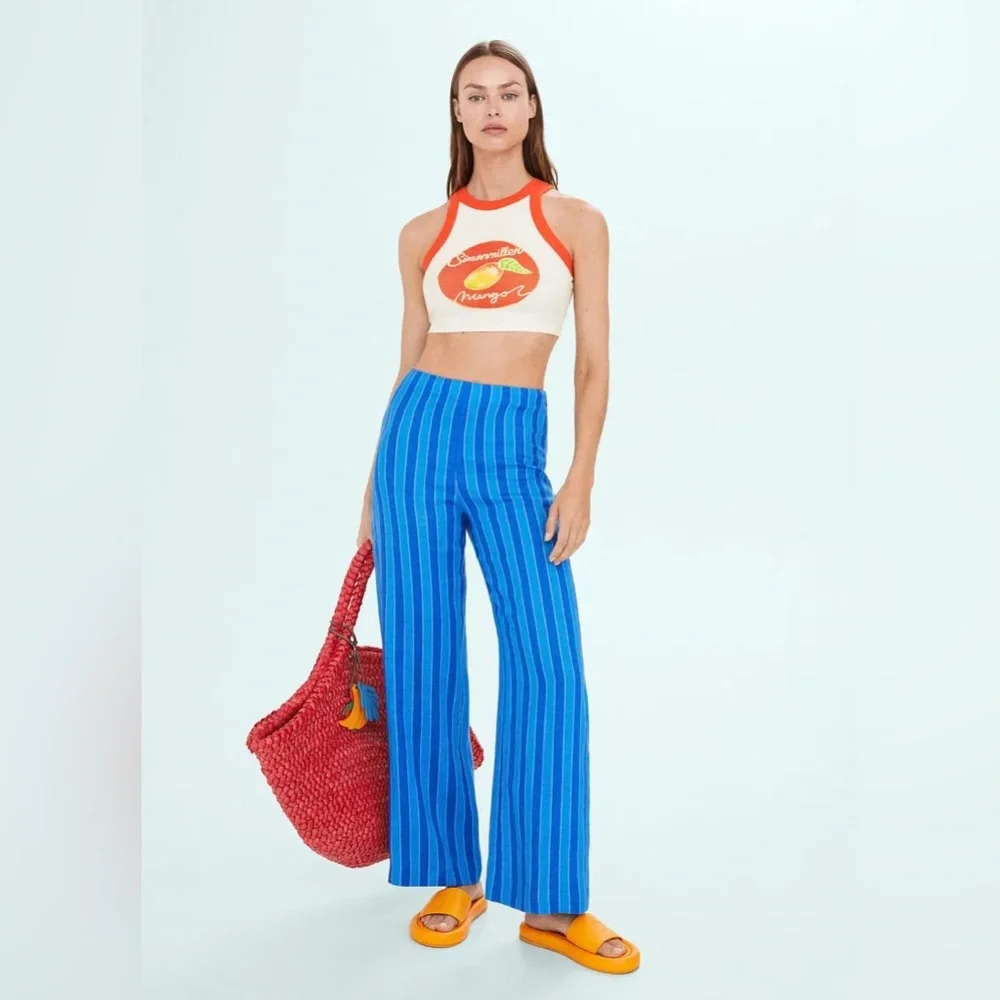 MANGO x Simon Miller Limited Edition | Blue Striped 100% Linen Pants | NWT, Sz 2